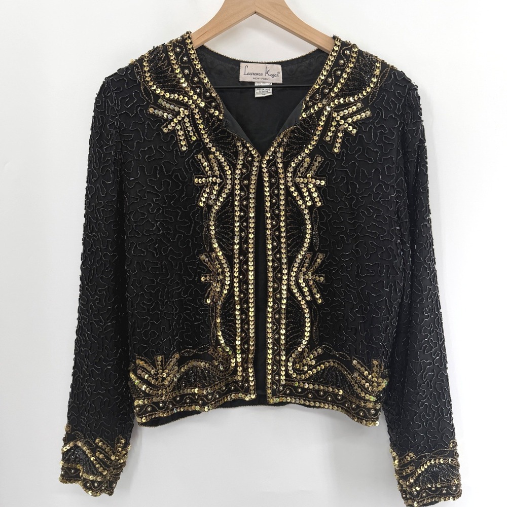 Vintage‎ 90s Laurence Kazar Heavily Beaded 100% Silk Jacket in Black Gold Size M